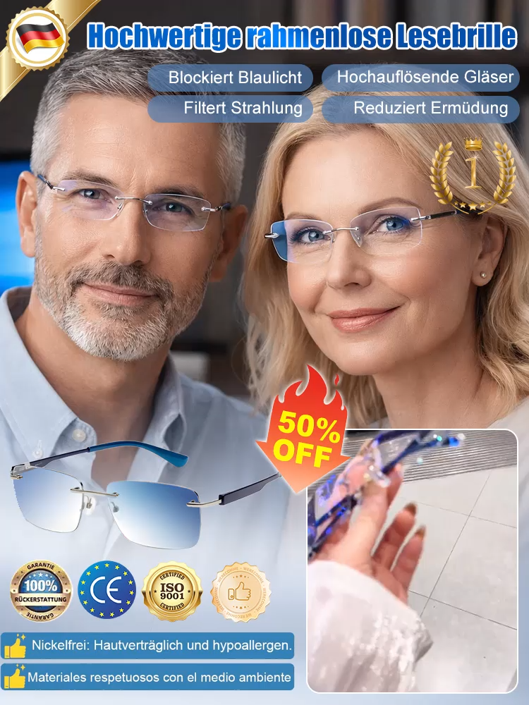 Eine rahmenlose, hochwertige Lesebrille mit diamantgeschliffenen Kanten im klassischen Design, die f