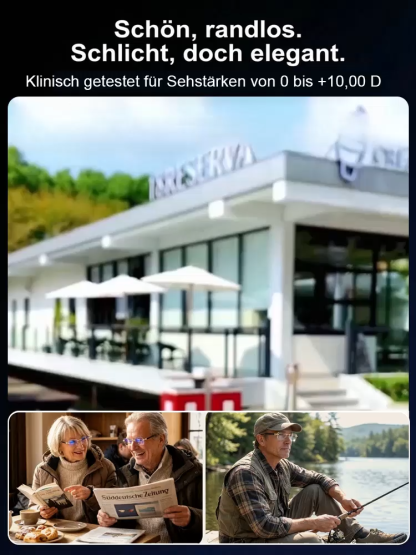 Eine rahmenlose, hochwertige Lesebrille mit diamantgeschliffenen Kanten im klassischen Design, die f