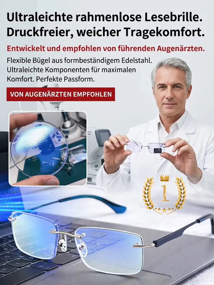 Eine rahmenlose, hochwertige Lesebrille mit diamantgeschliffenen Kanten im klassischen Design, die f