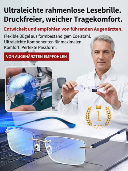 Eine rahmenlose, hochwertige Lesebrille mit diamantgeschliffenen Kanten im klassischen Design, die f