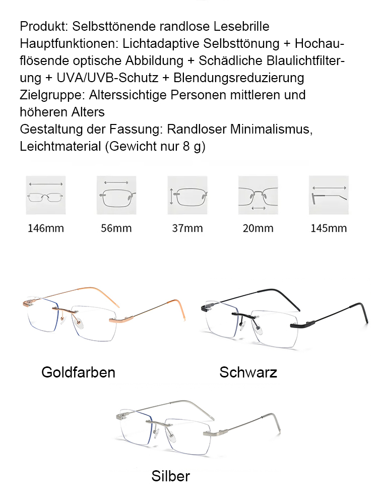 【Hergestellt in Deutschlands Optikhauptstadt】Eterlens Lichtempfindliche rahmenlose Gleitsichtbrille für Damen und Herren