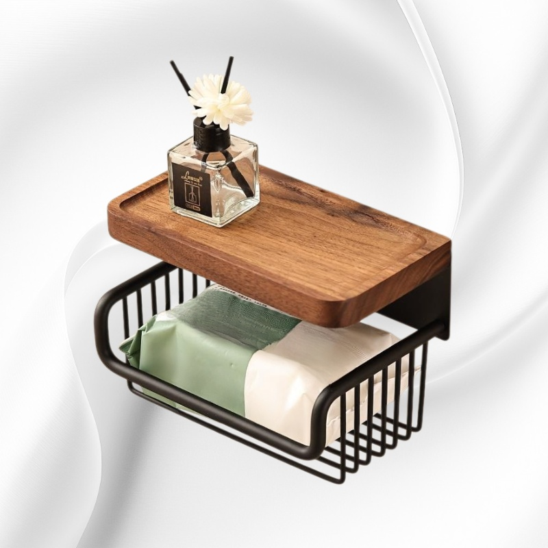 Diófából készült, antik hatású WC-papír doboz, lyukasztás nélkül, fiókos és falra szerelhető