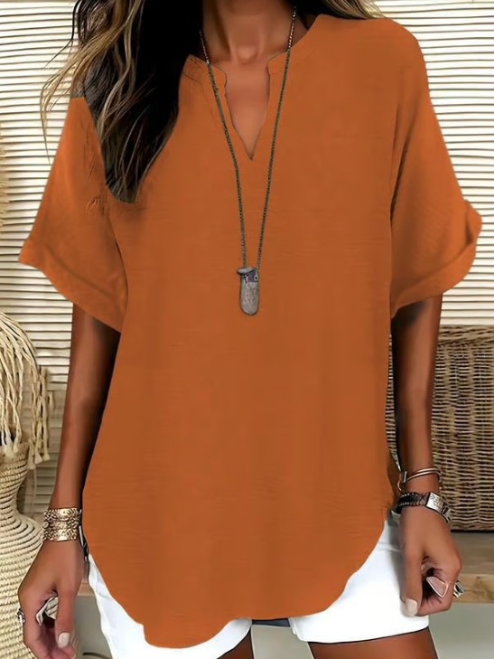 Lélegző egyszínű V-nyakú alkalmi rövid ujjú 👚 Milánói Elegancia – Tulipán Szabású Karcsúsító Ing
