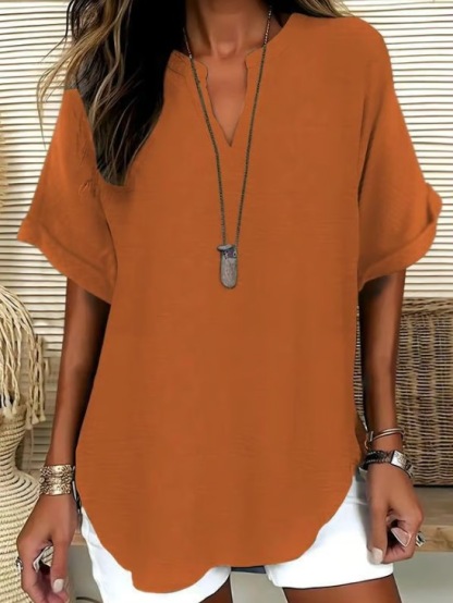 Lélegző egyszínű V-nyakú alkalmi rövid ujjú 👚 Milánói Elegancia – Tulipán Szabású Karcsúsító Ing