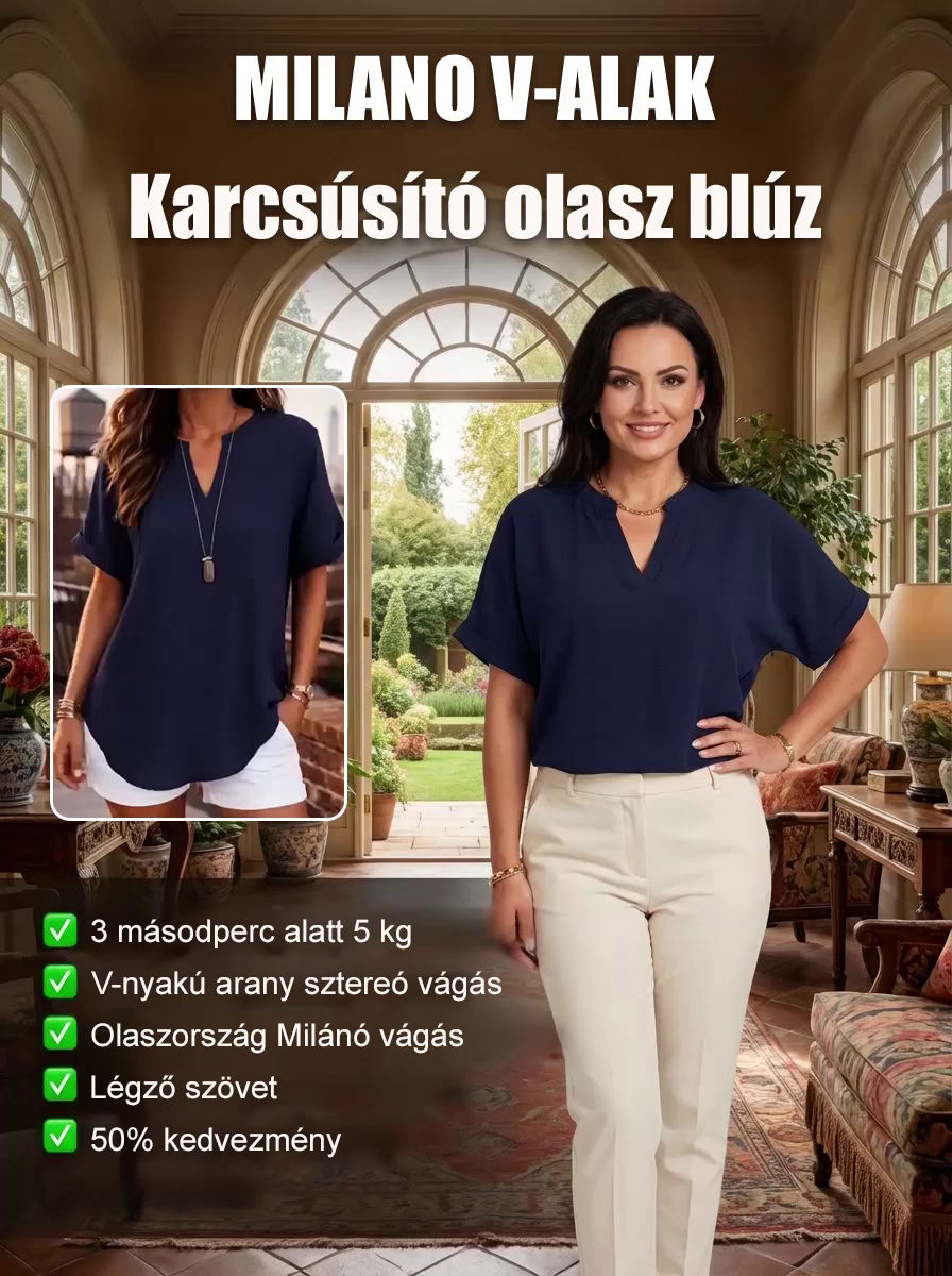 Lélegző egyszínű V-nyakú alkalmi rövid ujjú 👚 Milánói Elegancia – Tulipán Szabású Karcsúsító Ing