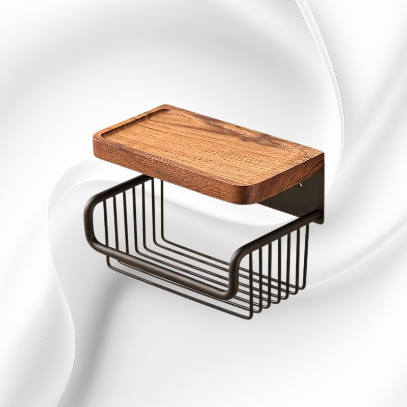 Diófából készült, antik hatású WC-papír doboz, lyukasztás nélkül, fiókos és falra szerelhető