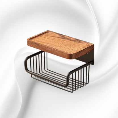 Diófából készült, antik hatású WC-papír doboz, lyukasztás nélkül, fiókos és falra szerelhető