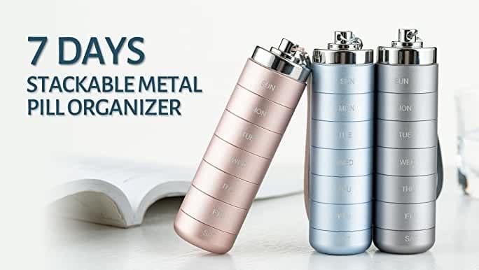 Metal Travel Pill Organizer, Portable Waterproof Weekly Pill Box, Large Aluminum Alloy Container, BPA Free 7 Day Daily Medicine Organizer Holder for Vitamin, Fish Oil, Supplement Storage box Metal Travel Pill Organizer, Portable Waterproof Weekly Pill Box, Large Aluminum Alloy Container, BPA Free 7 Day Daily Medicine Organizer Holder for Vitamin, Fish Oil, Supplement Storage box