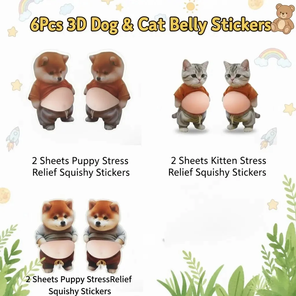 🔥HOT SALVE 6Pcs 3D Dog & Cat Belly Mochi Squishy Stickers