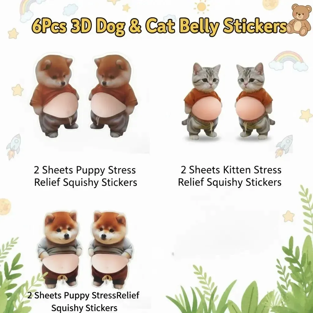 🔥HOT SALVE 6Pcs 3D Dog & Cat Belly Mochi Squishy Stickers