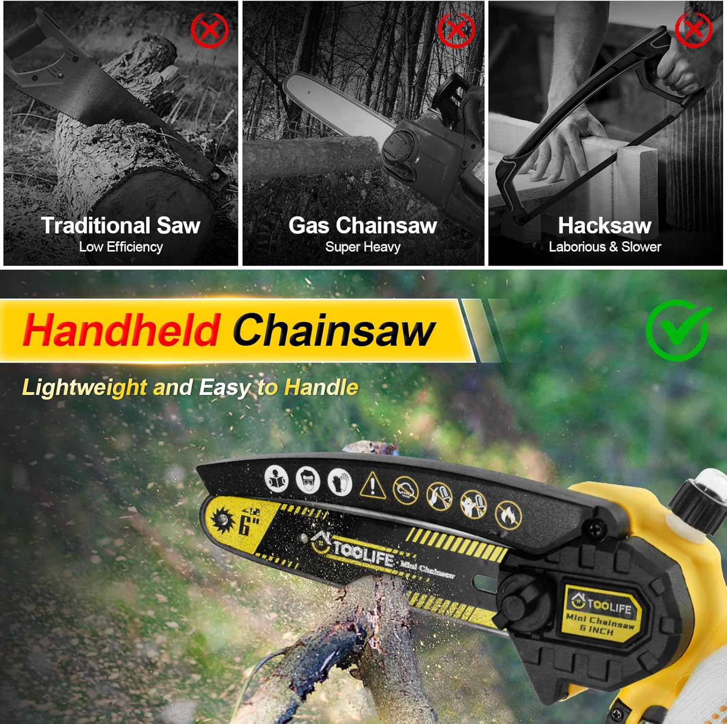 ⚡2battery & 2chain ⚡Mini Chainsaw Cordless 6 Inch