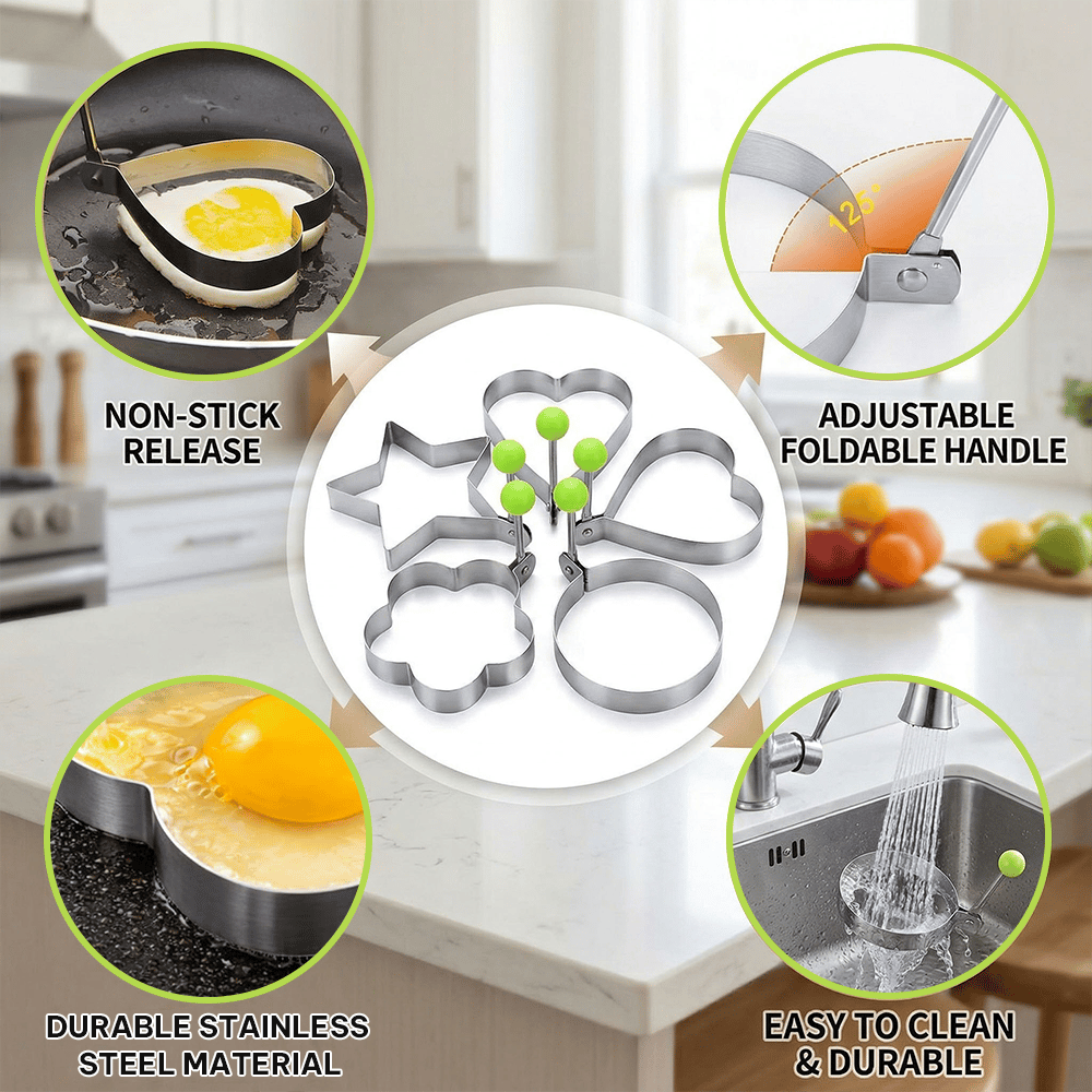 🔥LAST DAY 49% OFF-🔥5PCS Fried Egg Ring Molds Nonstick for Griddle Pan – Stainless Steel Egg Shaper Pancake Maker Set for Frying & Cooking
