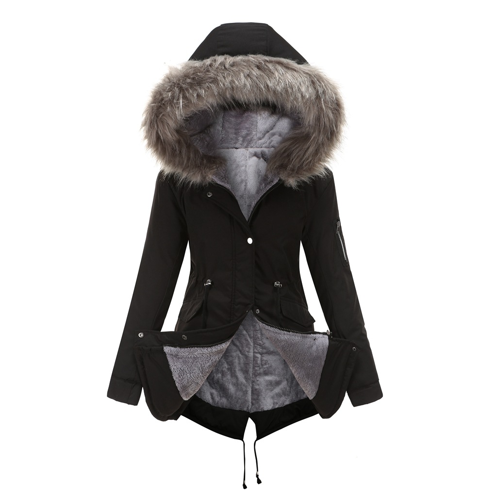 Mid-length hooded winter coat with fleece lining