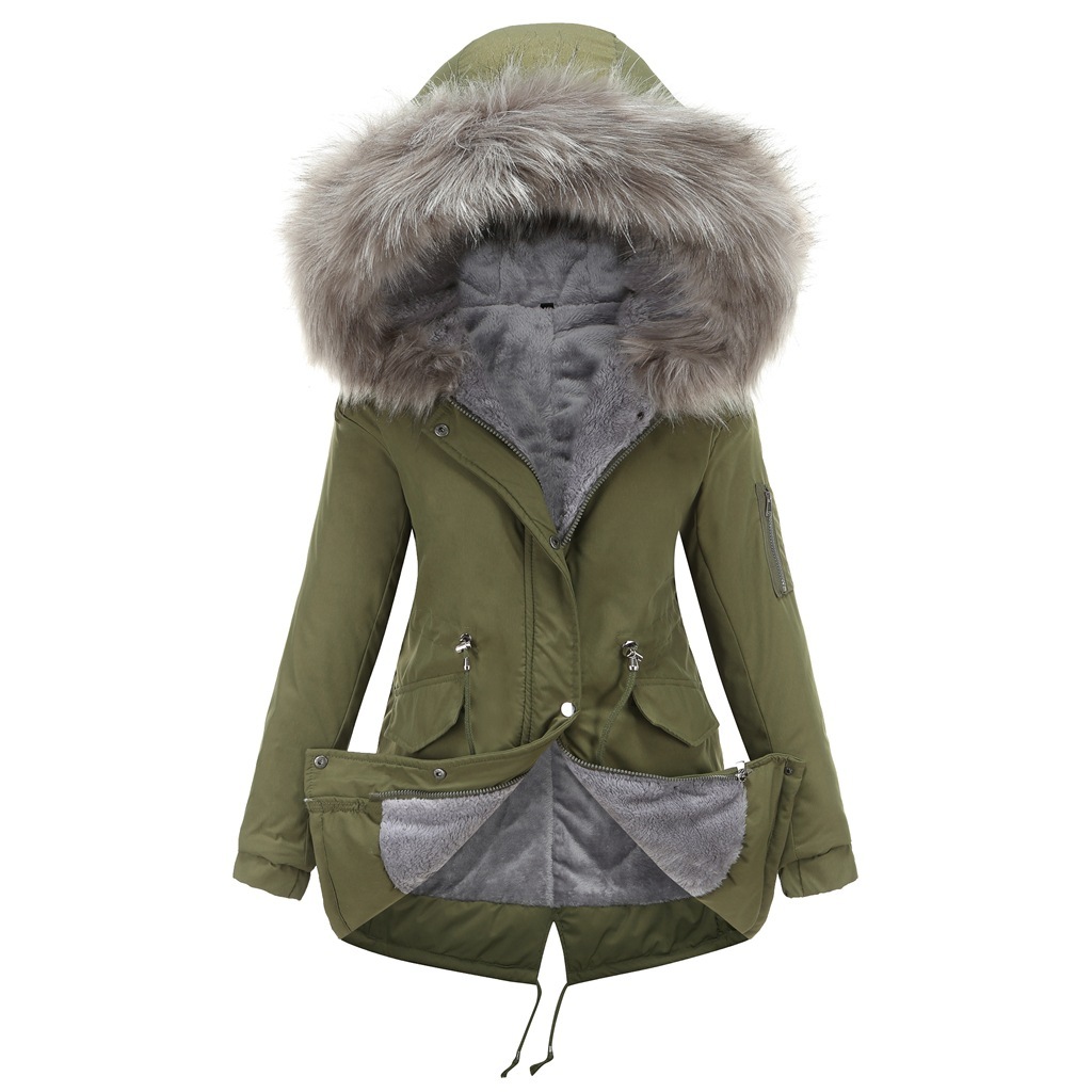 Mid-length hooded winter coat with fleece lining