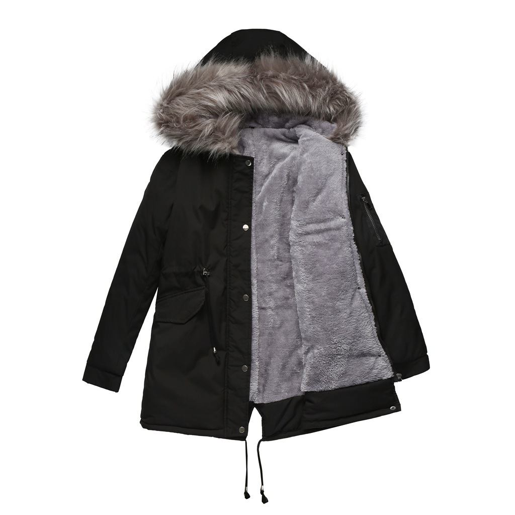 Mid-length hooded winter coat with fleece lining