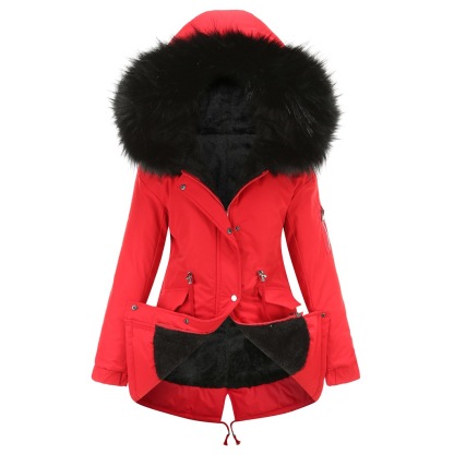 Mid-length hooded winter coat with fleece lining