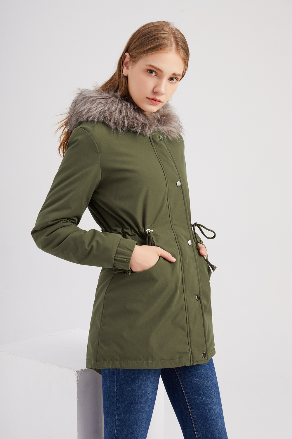 Mid-length hooded winter coat with fleece lining