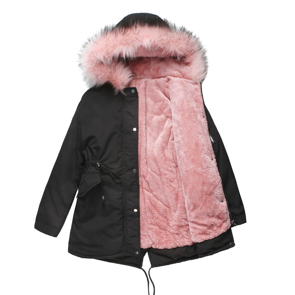 Mid-length hooded winter coat with fleece lining