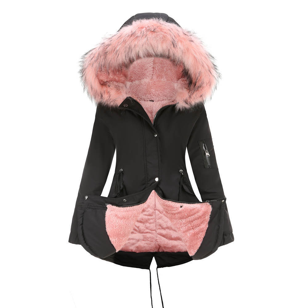 Mid-length hooded winter coat with fleece lining