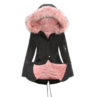 Mid-length hooded winter coat with fleece lining