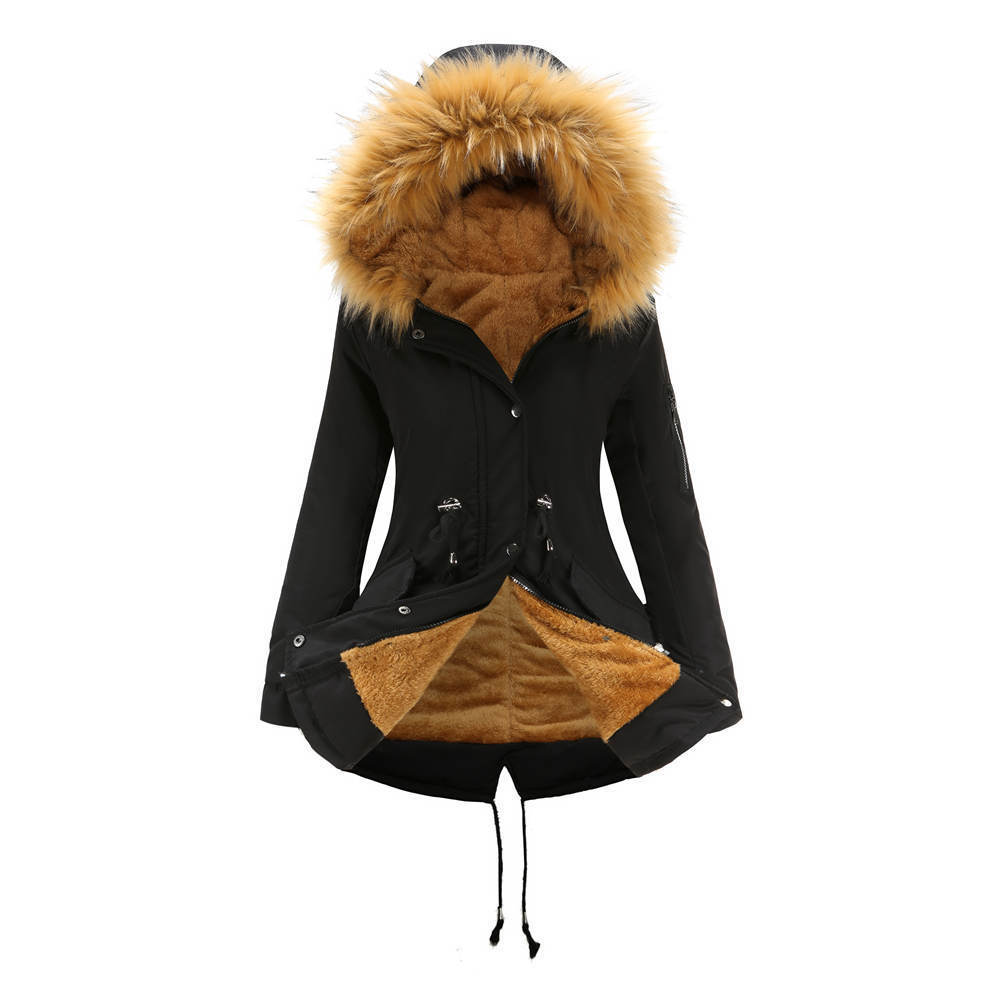Mid-length hooded winter coat with fleece lining