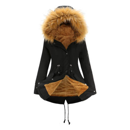 Mid-length hooded winter coat with fleece lining