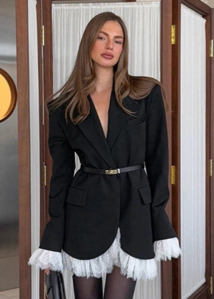 Elegant Loose Fit Blazer with Lace Hem