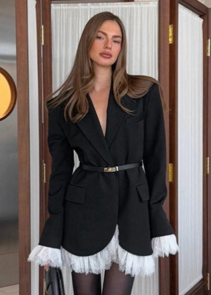Elegant Loose Fit Blazer with Lace Hem