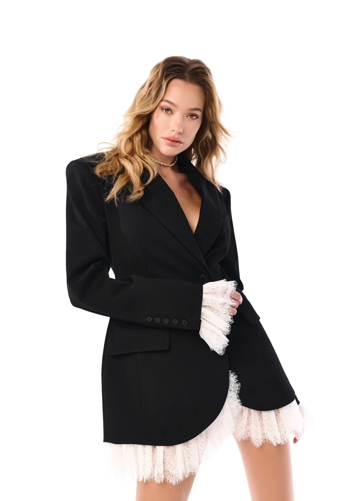 Elegant Loose Fit Blazer with Lace Hem