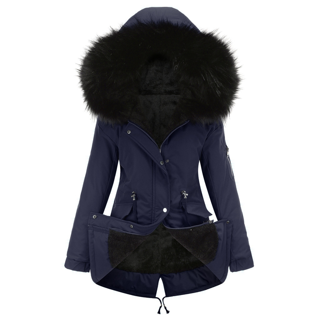 Mid-length hooded winter coat with fleece lining