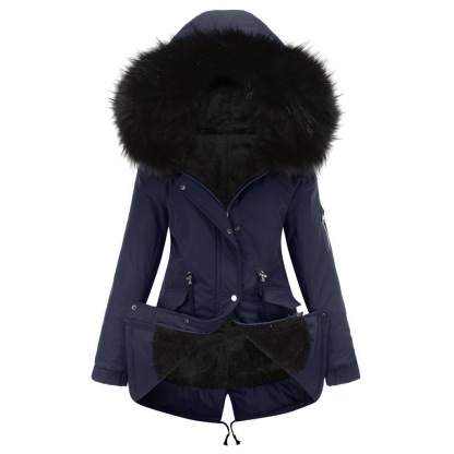 Mid-length hooded winter coat with fleece lining