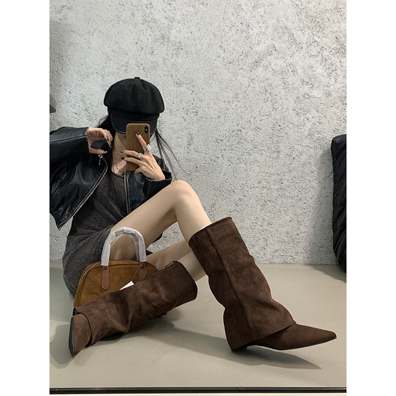 Women's Pointed-Toe Suede Ankle Booties with Wedge Heel