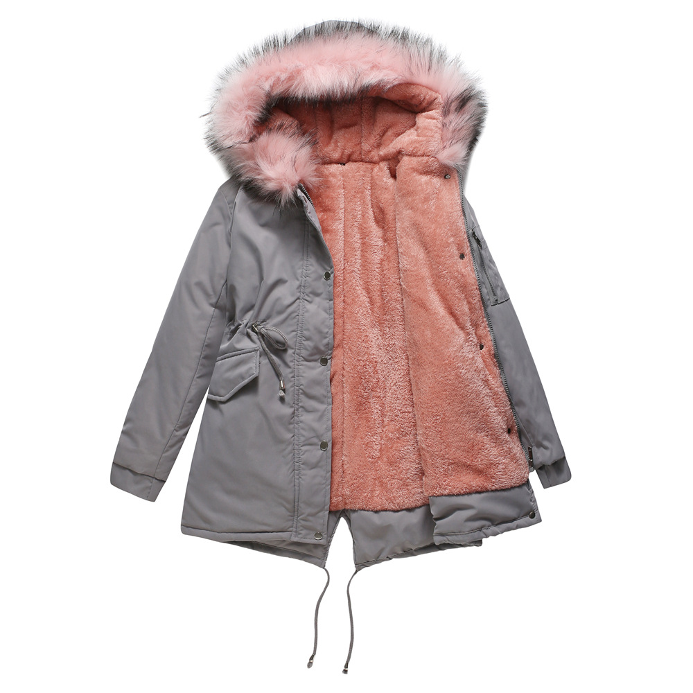 Mid-length hooded winter coat with fleece lining