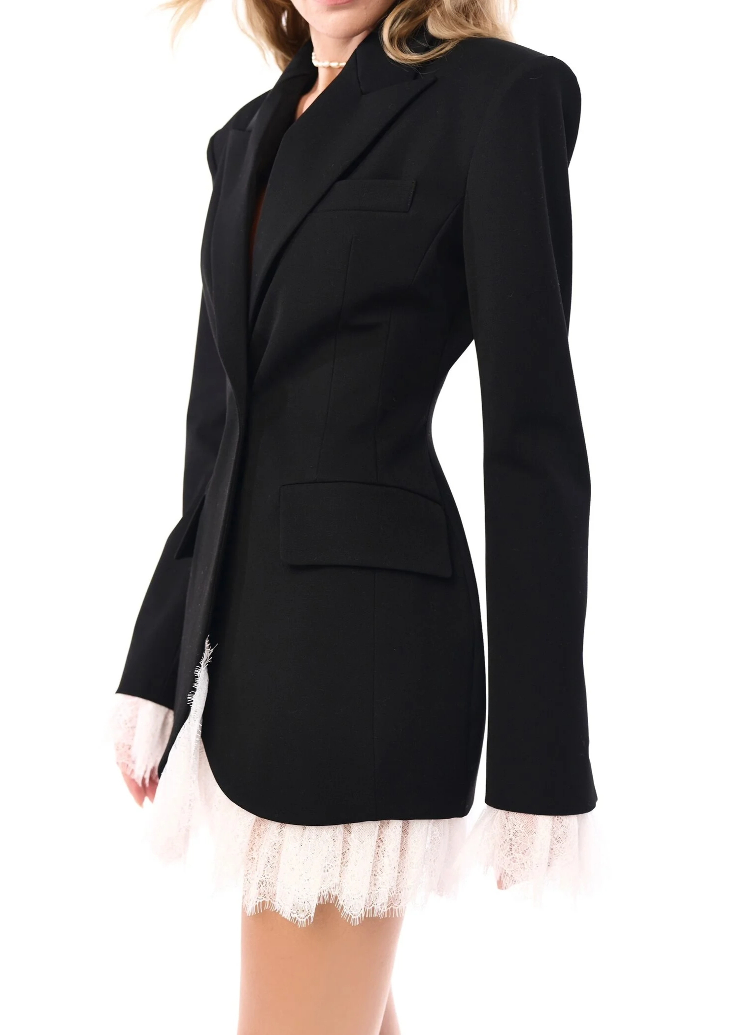 Elegant Loose Fit Blazer with Lace Hem