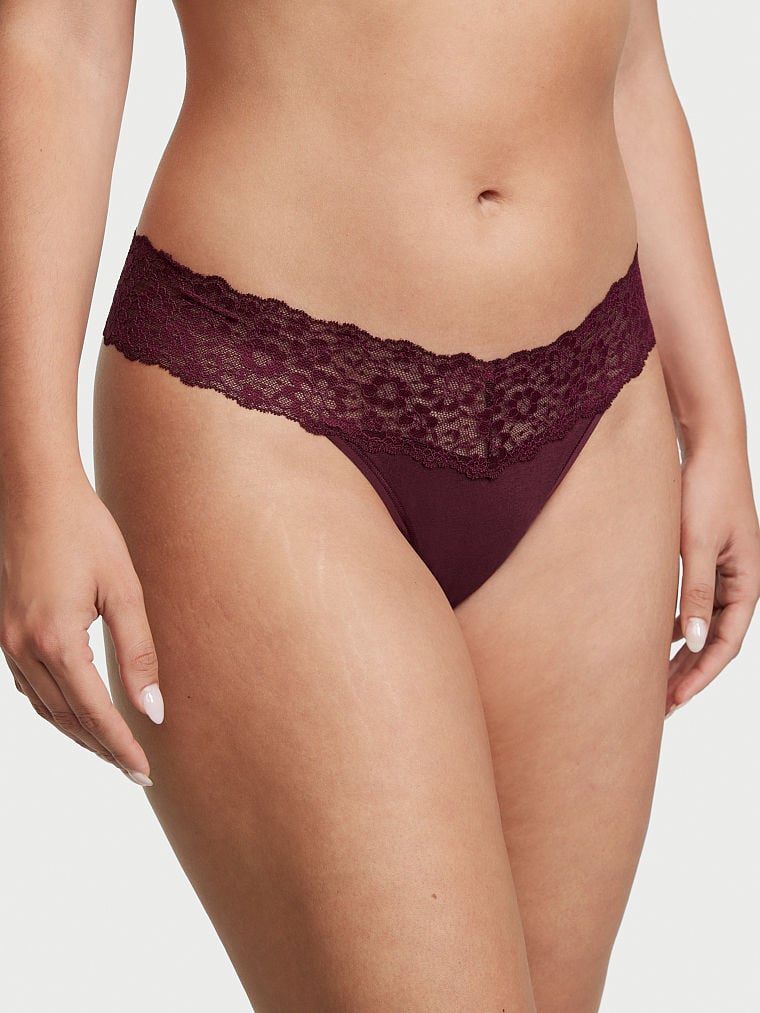 Shimmer Lace Waist Cotton Thong Panty
