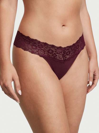 Shimmer Lace Waist Cotton Thong Panty