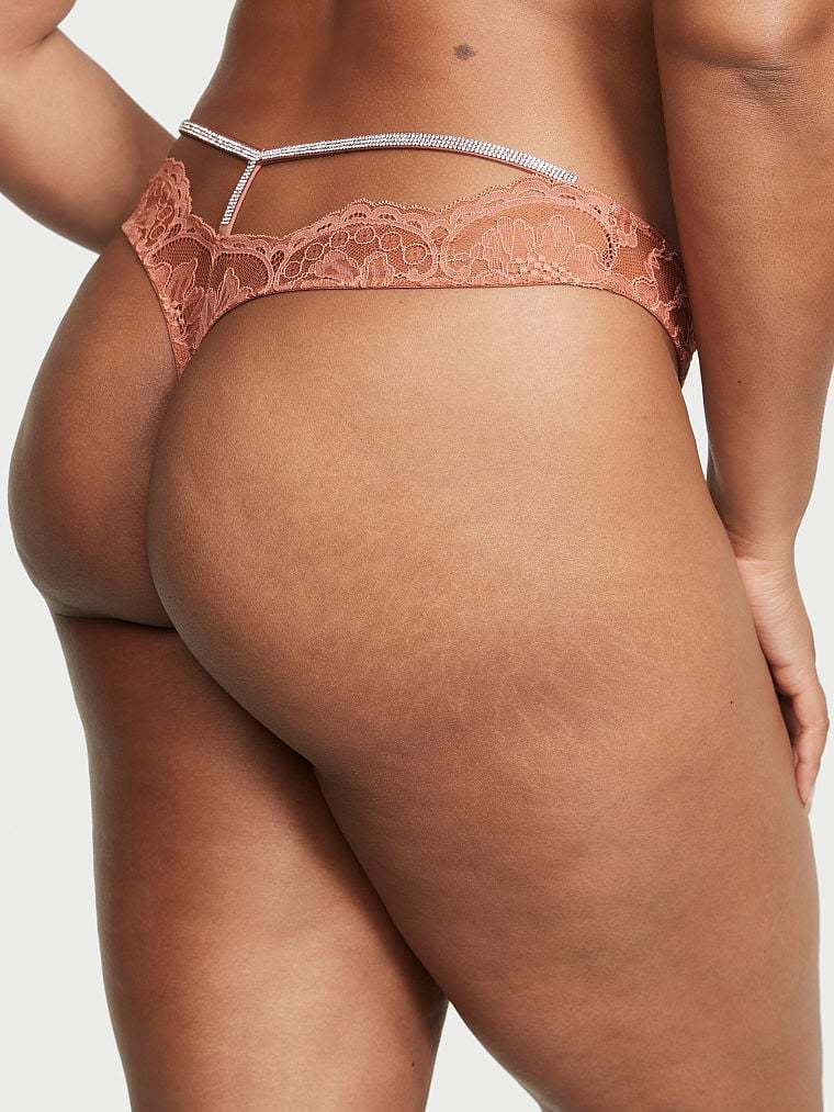 Shine Strap Cutout Back Lace Thong Panty