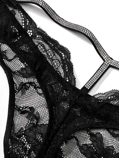 Shine Strap Cutout Back Lace Thong Panty