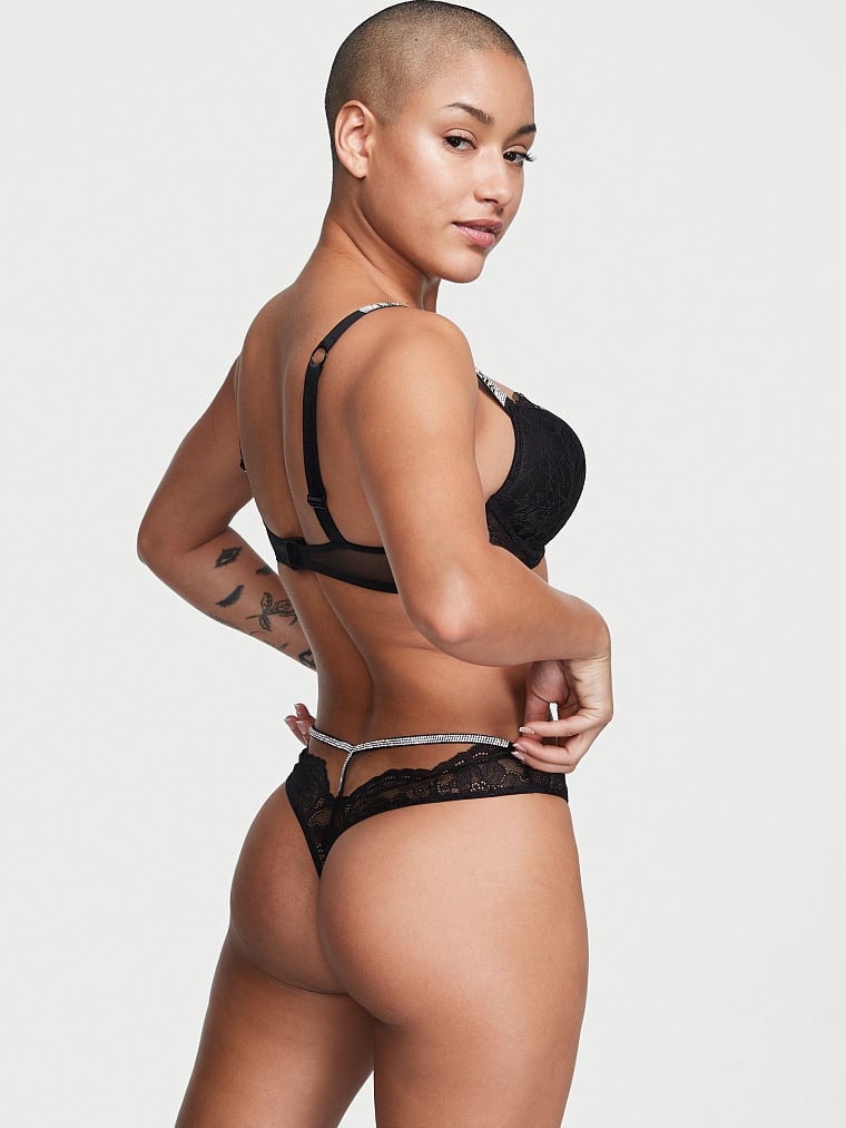 Shine Strap Cutout Back Lace Thong Panty