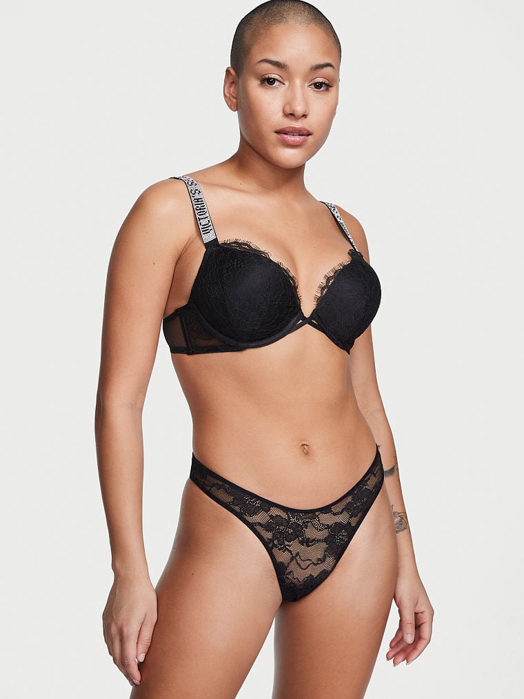 Shine Strap Cutout Back Lace Thong Panty