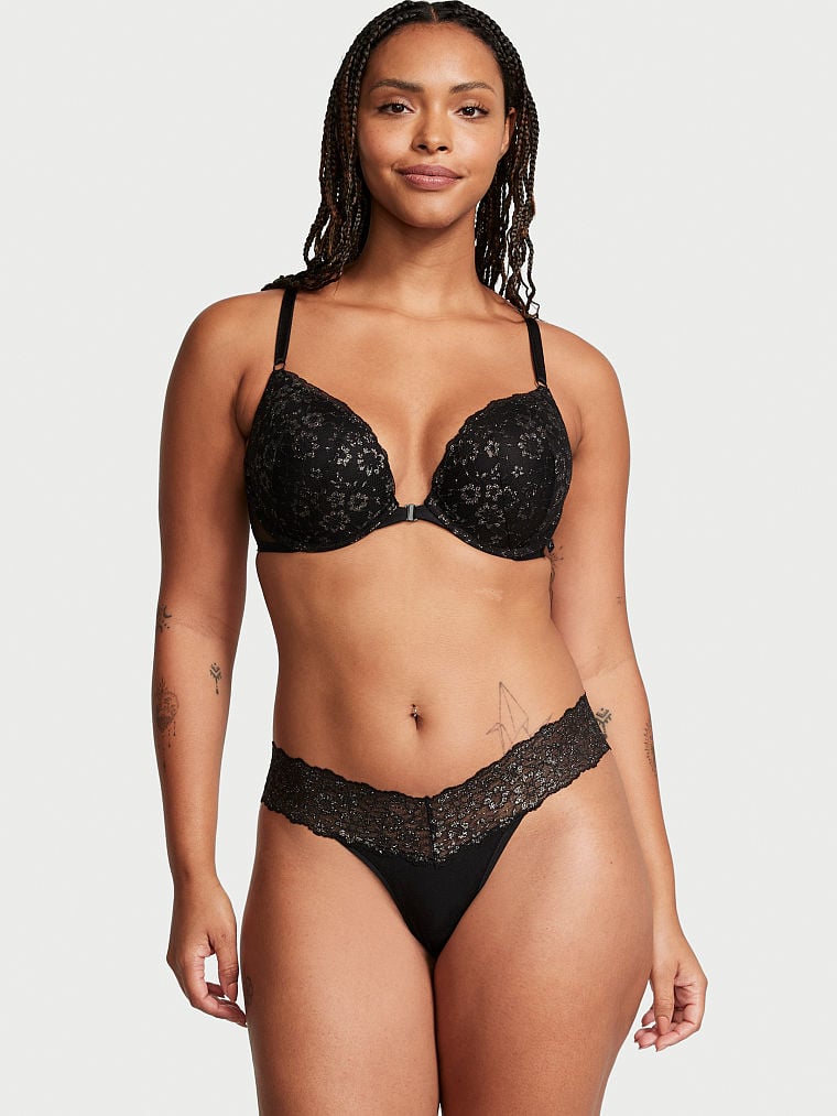 Shimmer Lace Waist Cotton Thong Panty