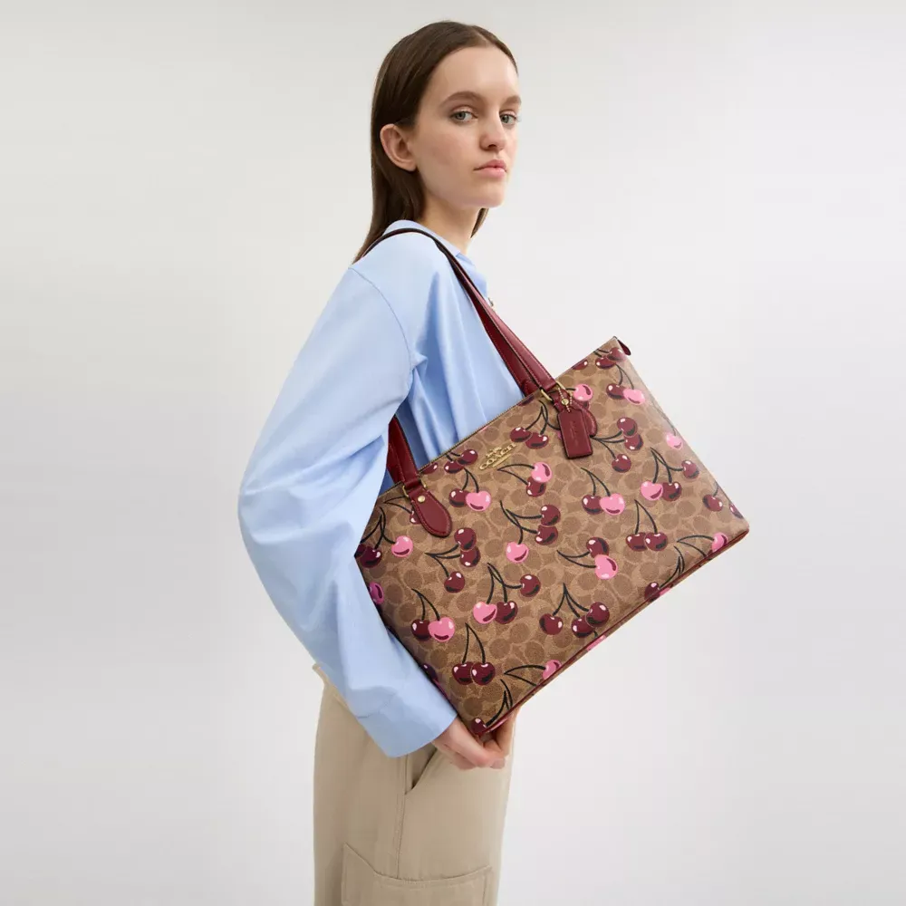 Gallery Tote Bag In Signature Canvas With Cherry Print