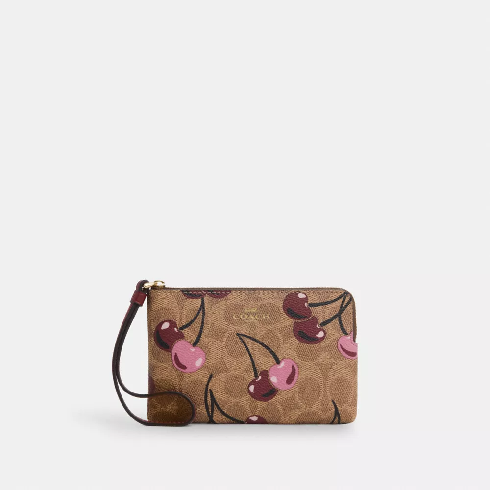 Corner Zip Wristlet In Signature Canvas With Cherry Print
