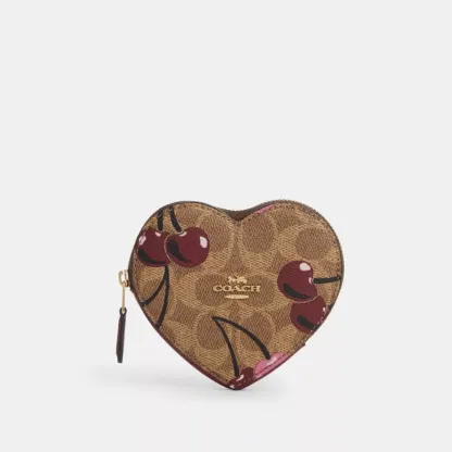 Heart Coin Case In Signature Canvas With Cherry Print