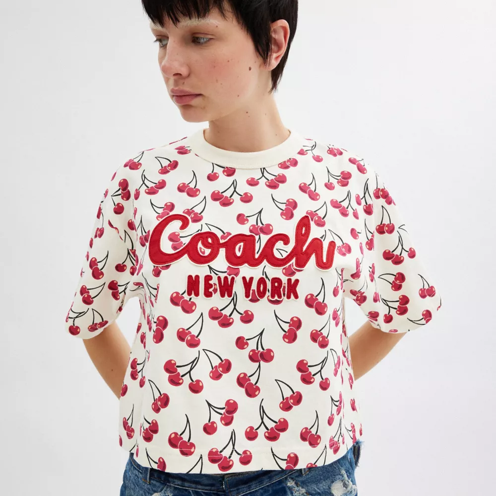 Cherry Print Cursive Signature Cropped T Shirt In Organic Cotton