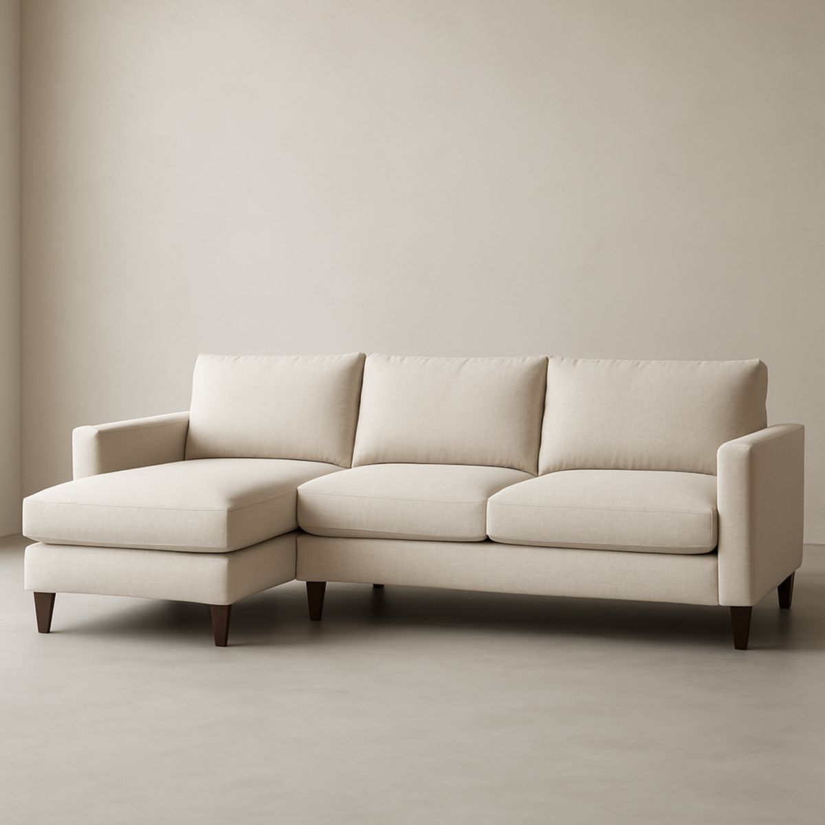 Canapé d'angle en tissu polyester beige avec pieds en bois massif