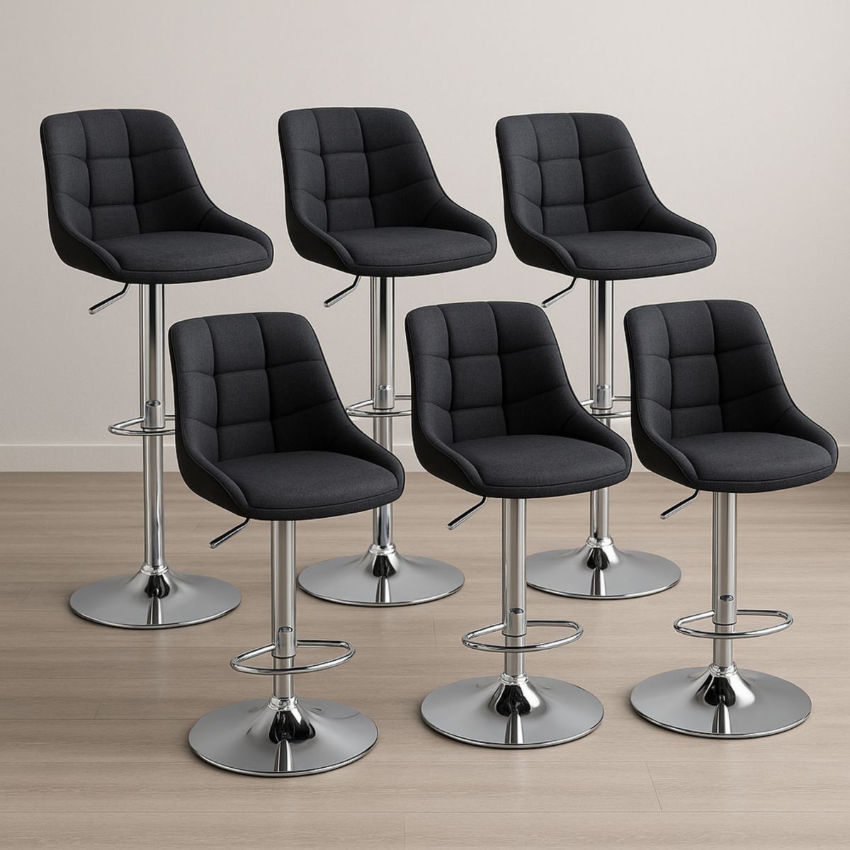 Lot de 6 Tabourets de Bar Noir Polyester Réglable Hauteur avec Base en Acier Inoxydable