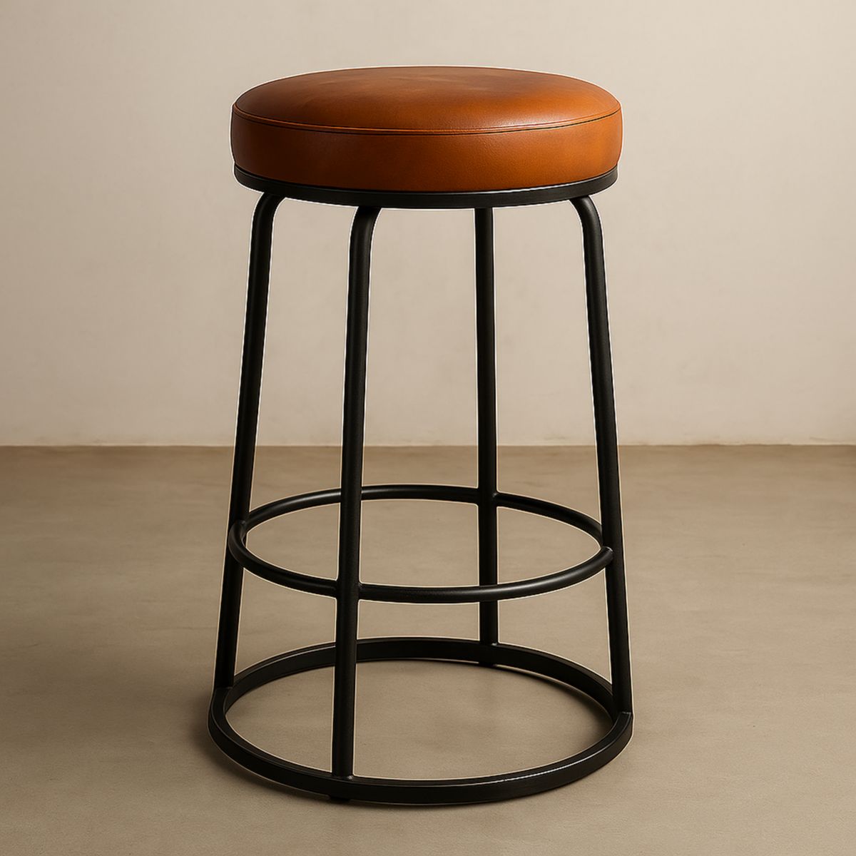 Tabouret Haut Rond Cuir Synthétique Marron Structure Métallique 75 cm