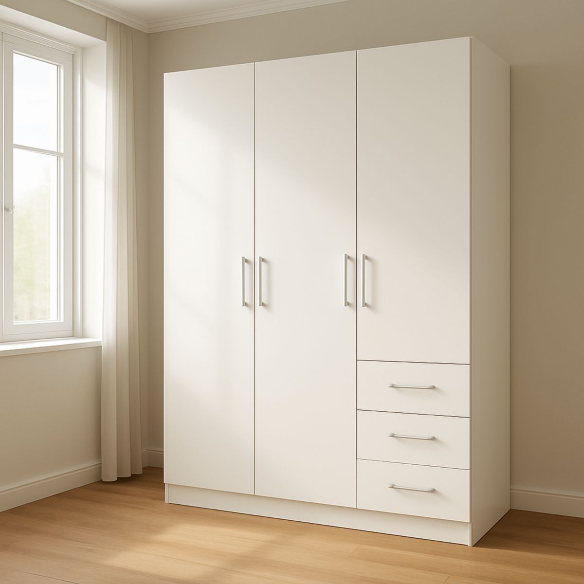Armoire blanche en panneaux de particules avec tiroirs 3 portes 200x150x60 cm