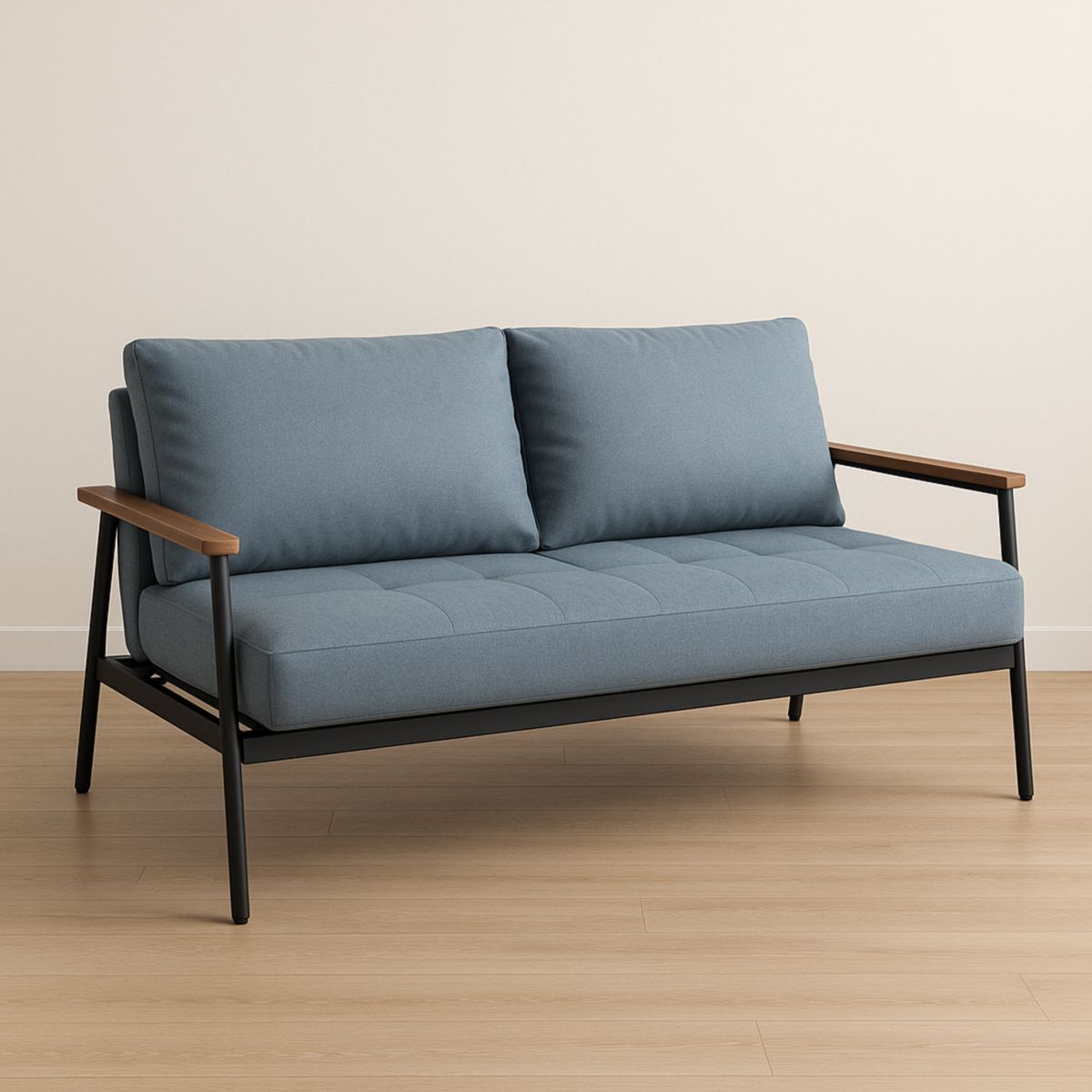 Canapé 2 places tissu polyester bleu métal bois dimensions 140x75x80 cm